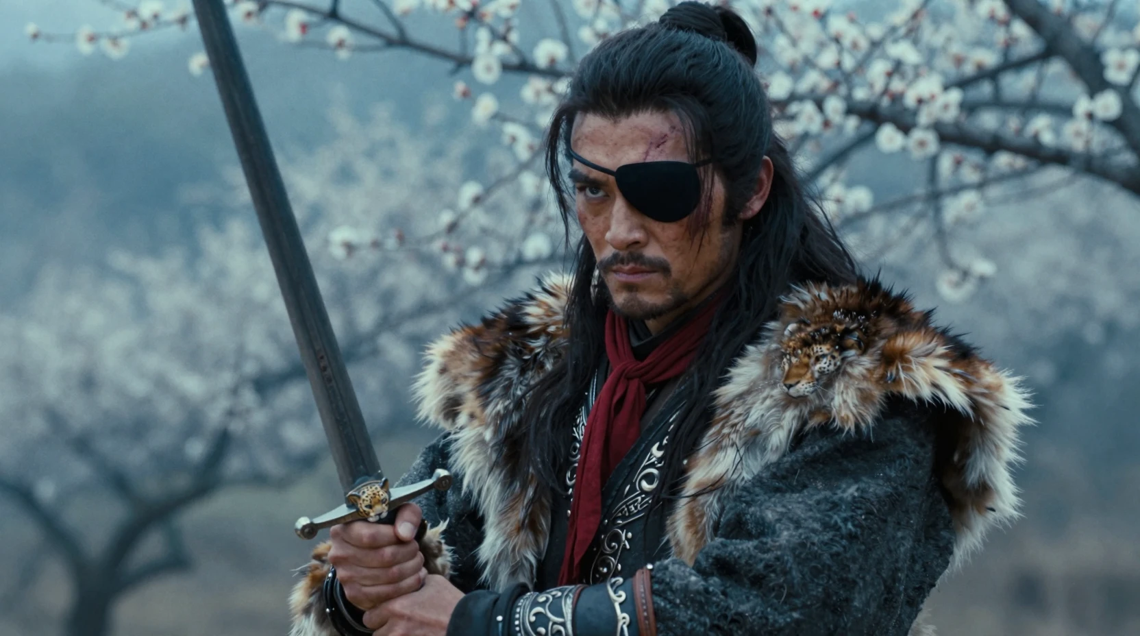 One eyed warrior poised with sword in misty forest