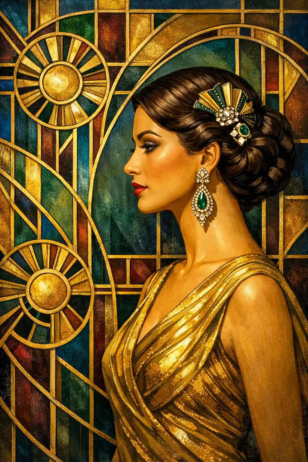 Art Deco portrait of a woman with golden dress and earring