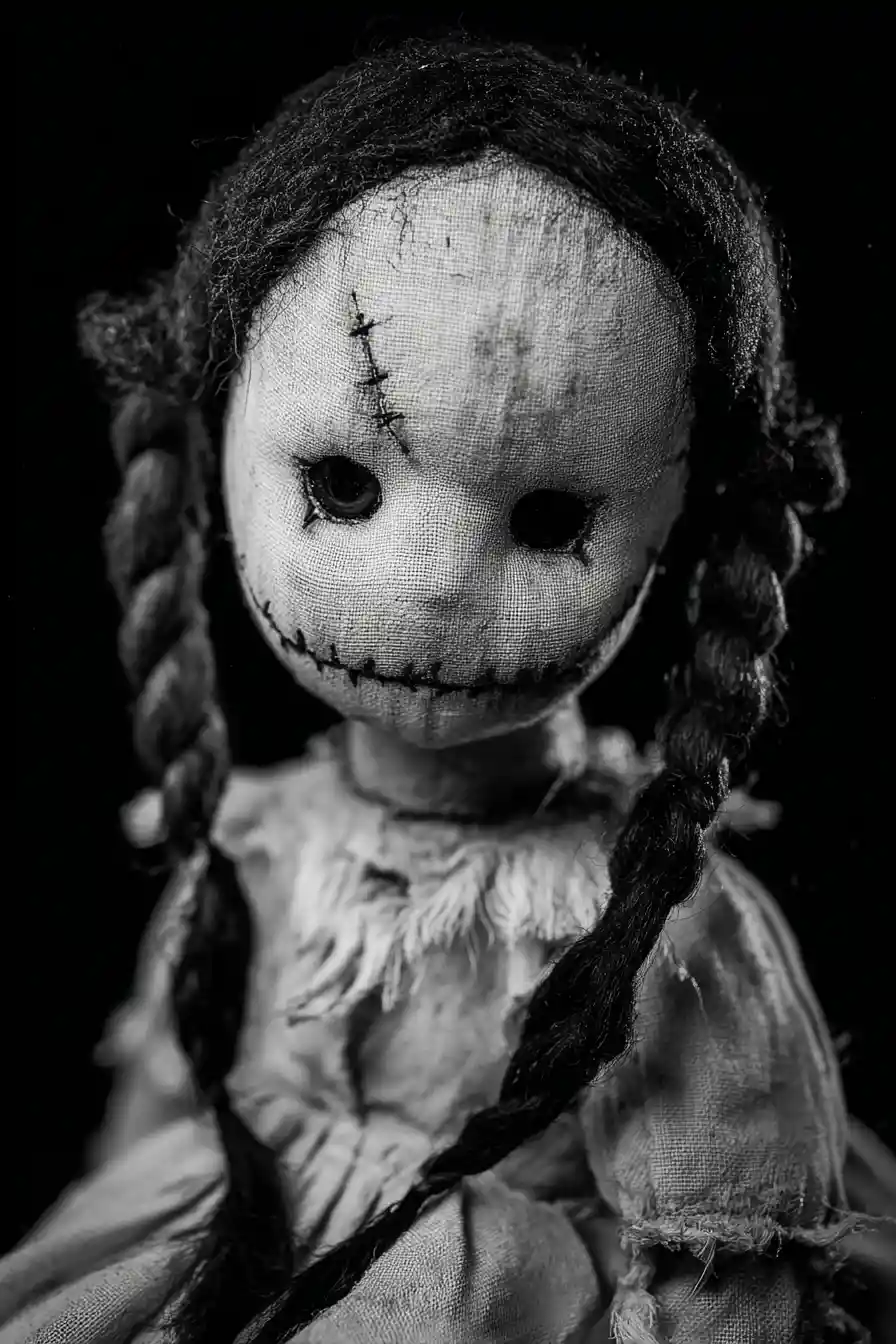 Creepy decaying doll in black and white close up
