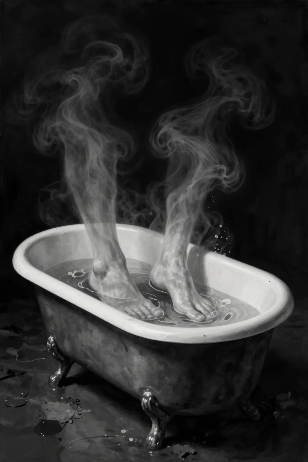 Pés fantasmagóricos em banheira com pés de garra e vapor subindo