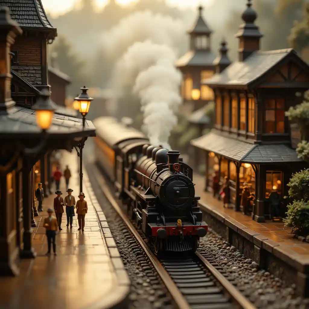 Miniature vintage train arrives at misty model station platform