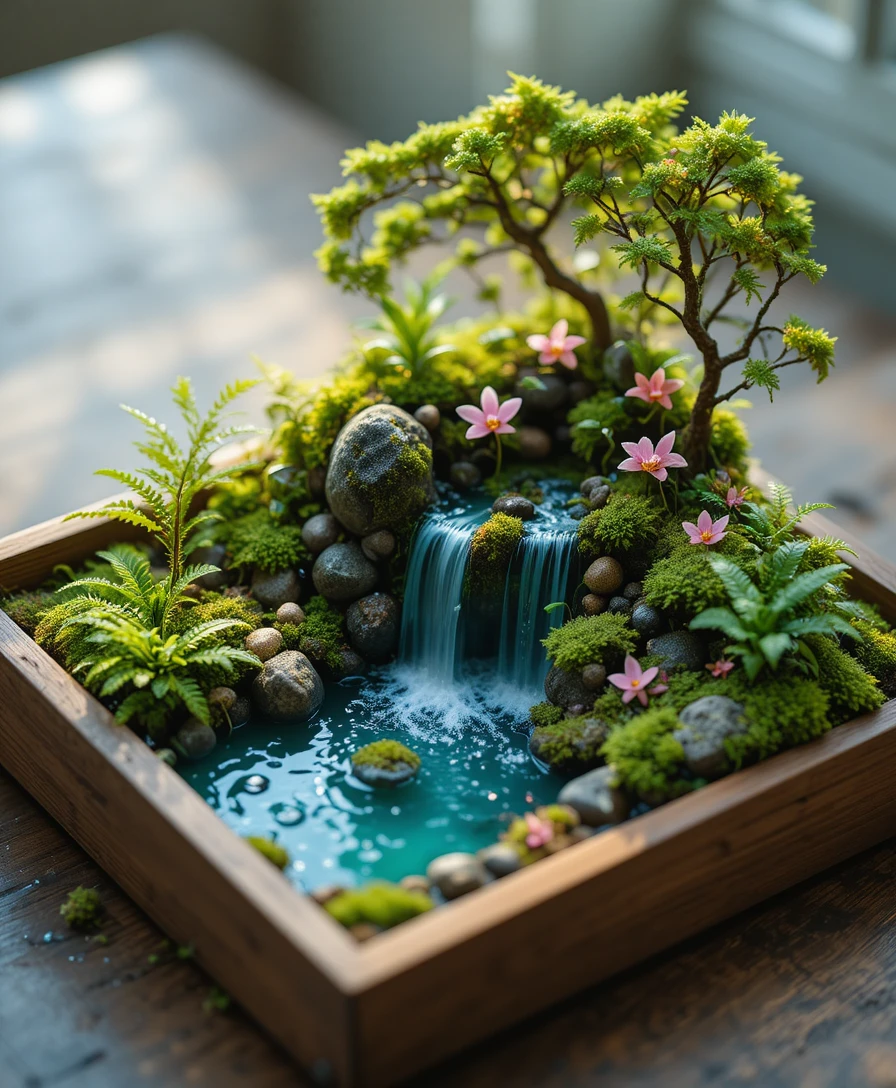 Miniature tropical waterfall diorama in a wooden display box