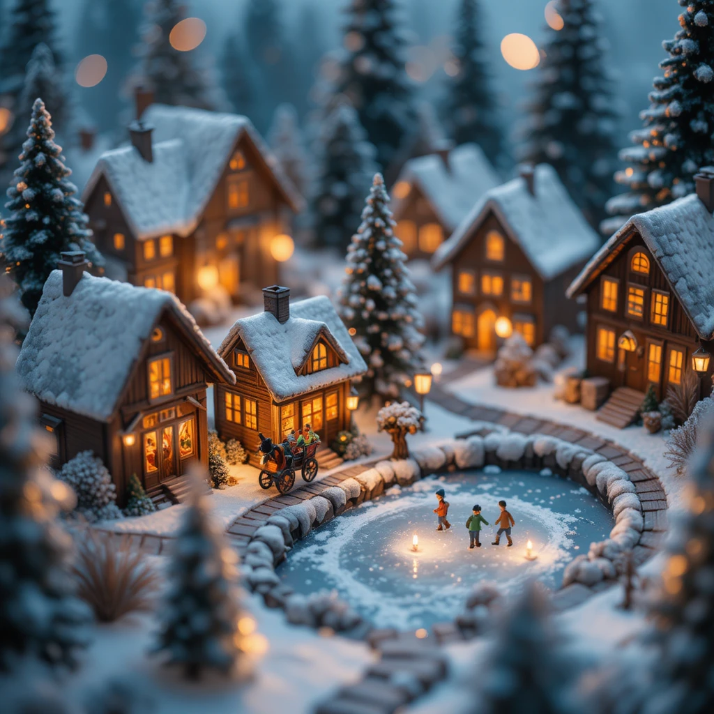 Miniature Christmas village in snow with warm glowing cabins