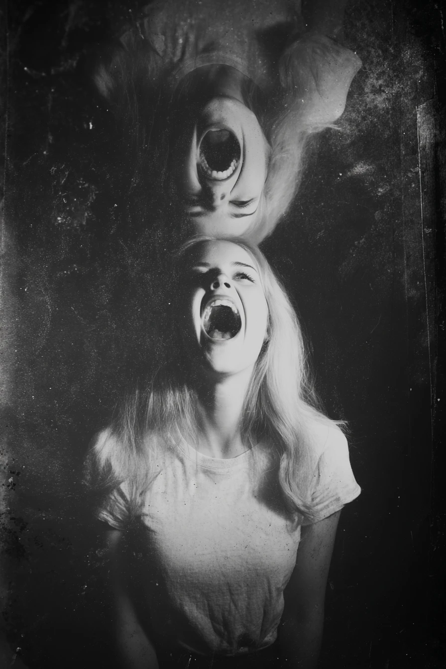 Black and white woman screaming with surreal mirrored head