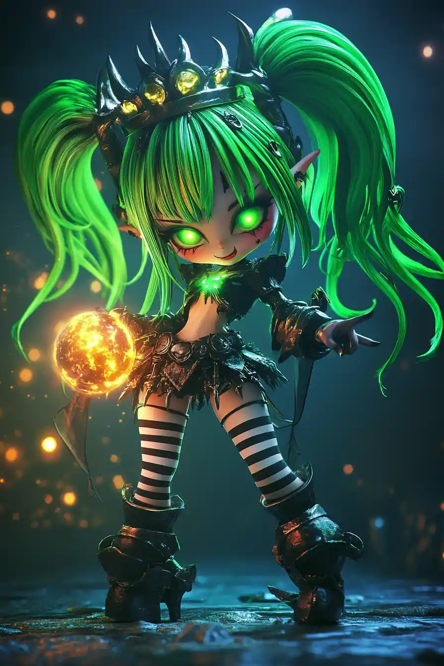Regina demone chibi con capelli al neon che tiene un globo del caos