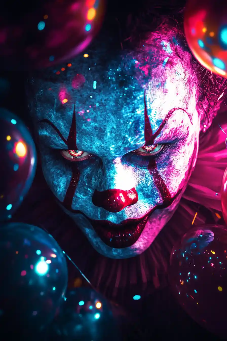 Cyberpunk clown portrait in glowing neon shadows