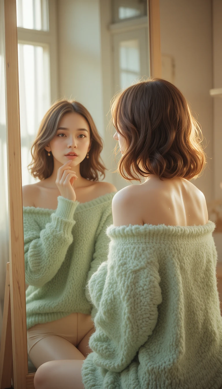 Young woman applying lipstick in soft natural morning light