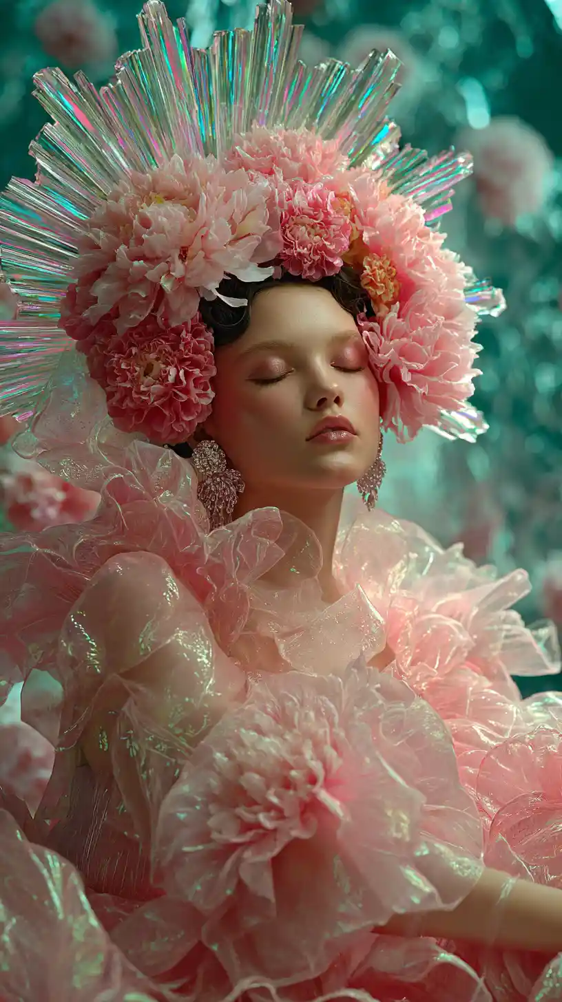 Surreal portrait of woman in sculptural pink floral gown