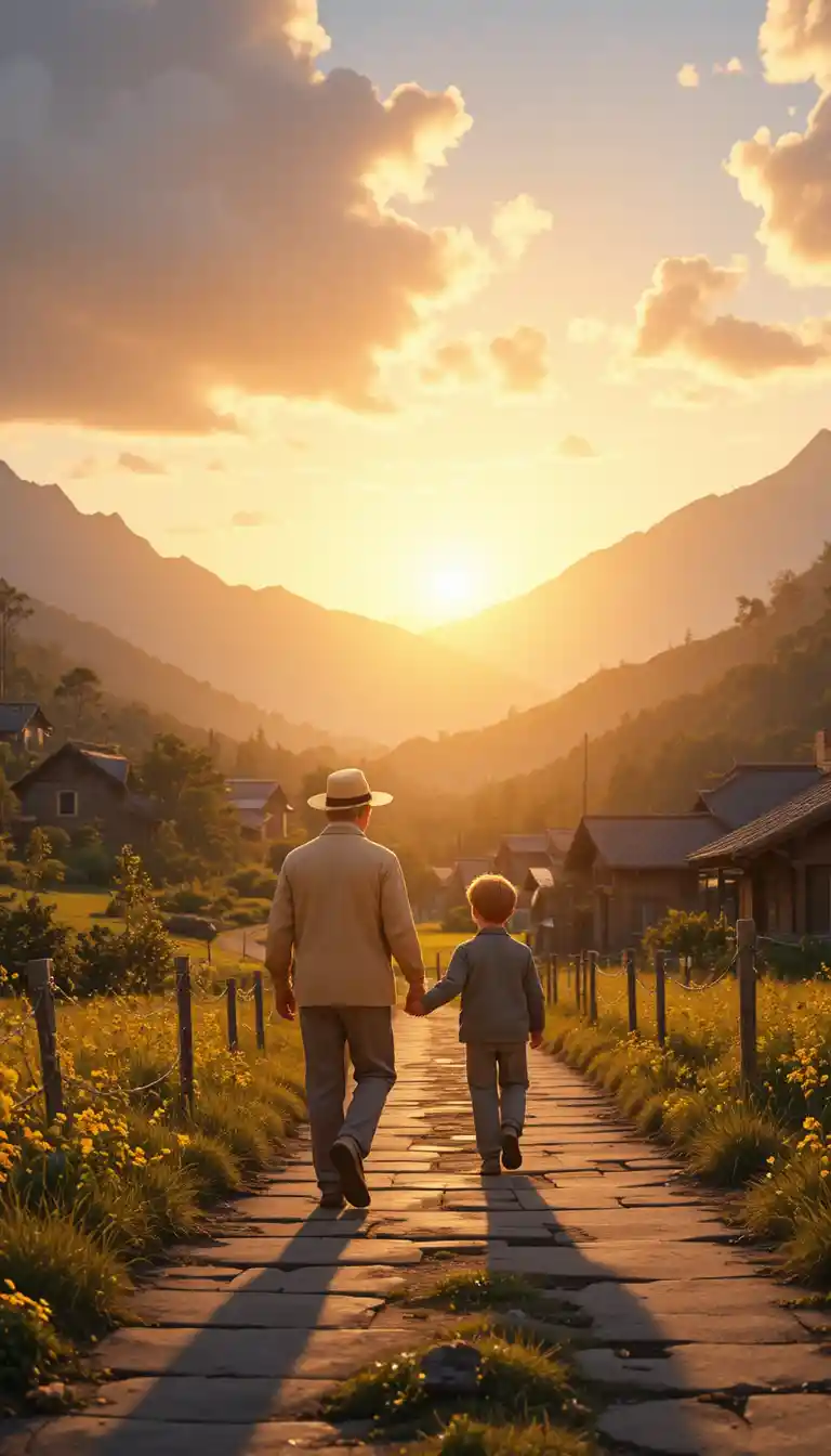 Grandfather and grandson walking a village path at sunrise