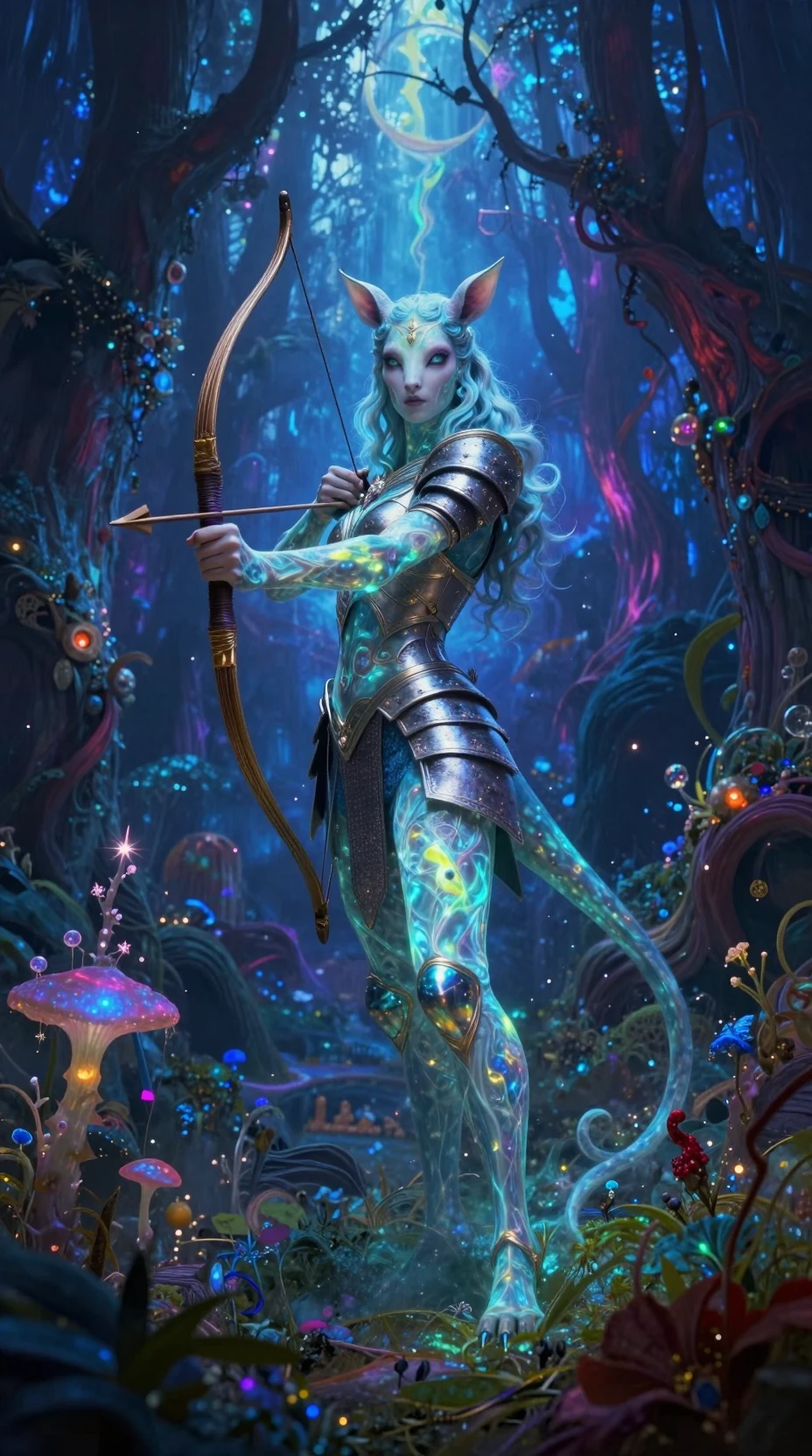 Surreal warrior centaur woman in a glowing forest