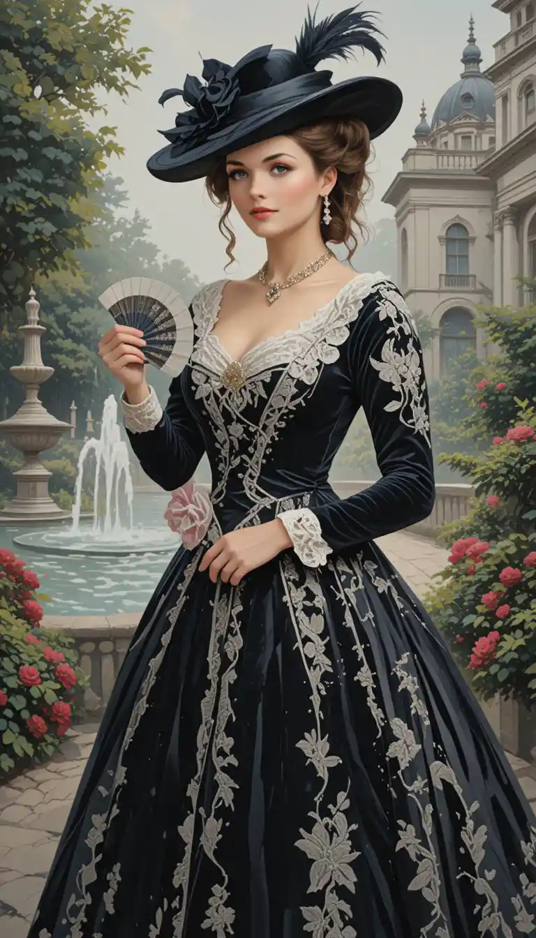 Elegante donna in abito di velluto nero presso la fontana del giardino
