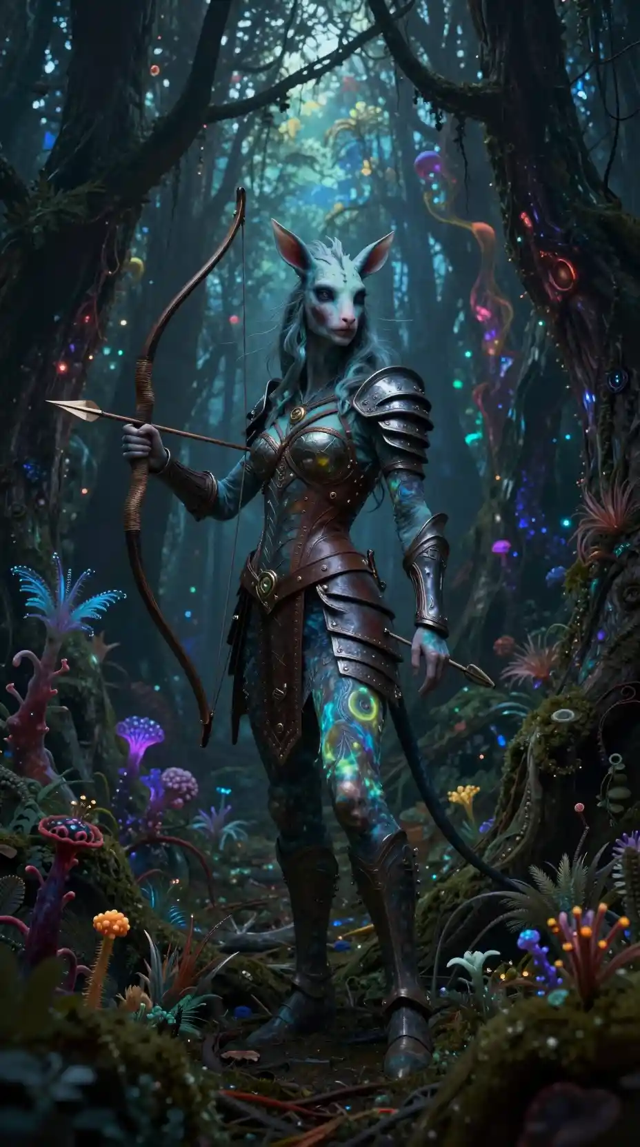 Surreal centaur archer woman in a glowing forest
