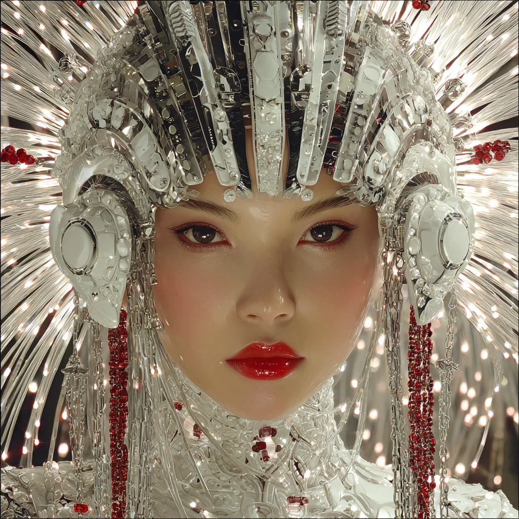 Retrato fotorrealista de una mujer geisha cibernética futurista