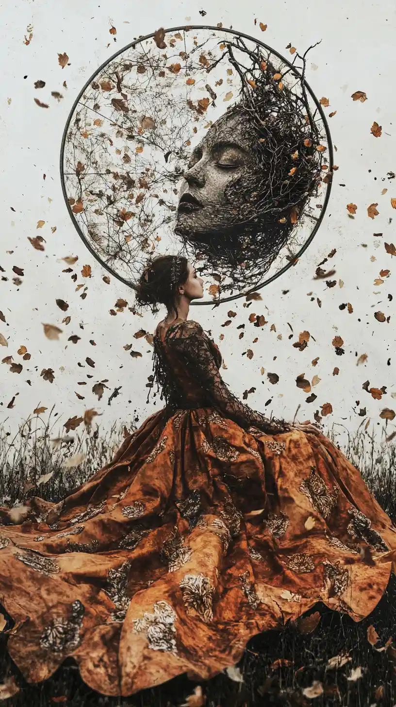 Woman in autumn gown amid suspended leaves and decay