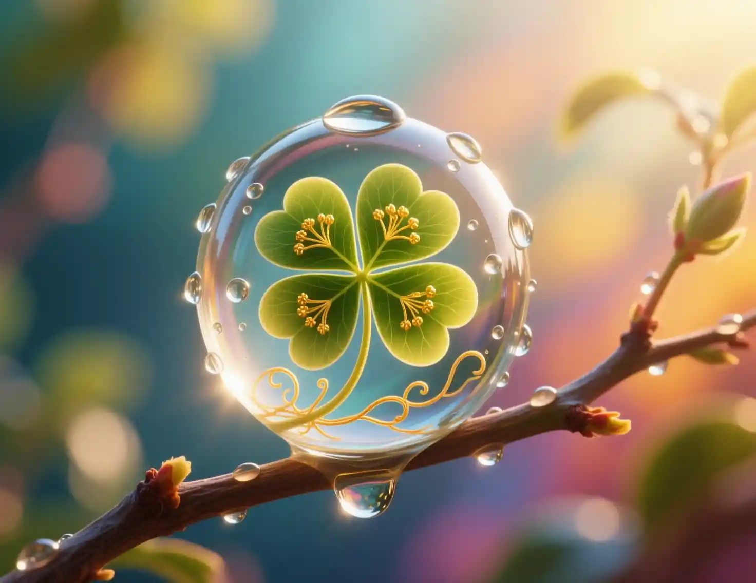 Close up water droplet holding a four leaf clover