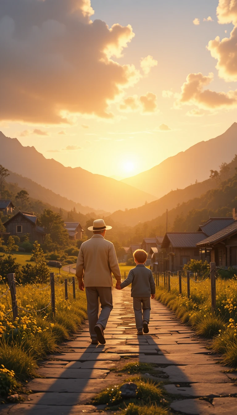 Grandfather and grandson walking a village path at sunrise