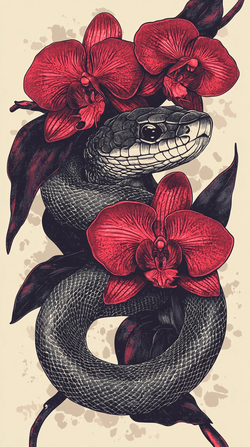 Pop art serpent in profile merging into orchid petals