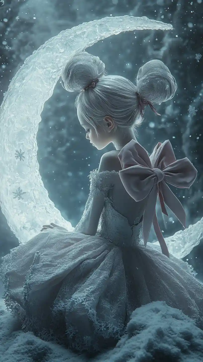 Girl with velvet bows sitting on an icy crescent moon