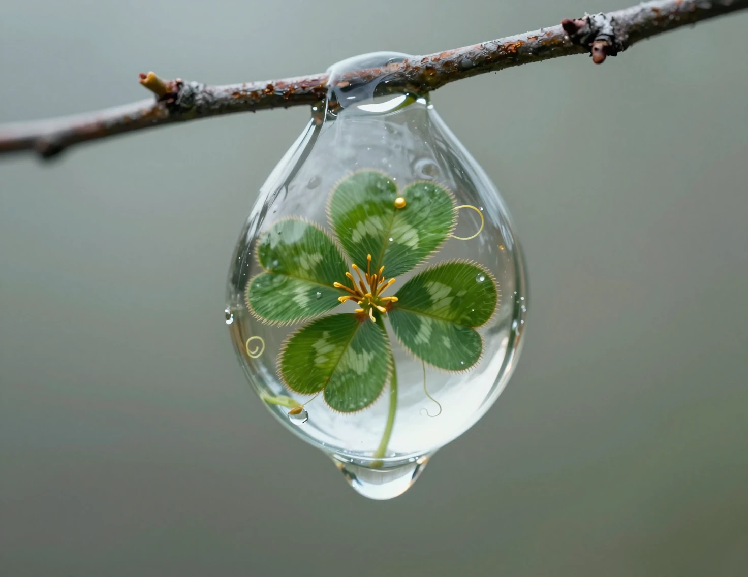 Water Droplet Holding A Tiny Four Leaf Clover