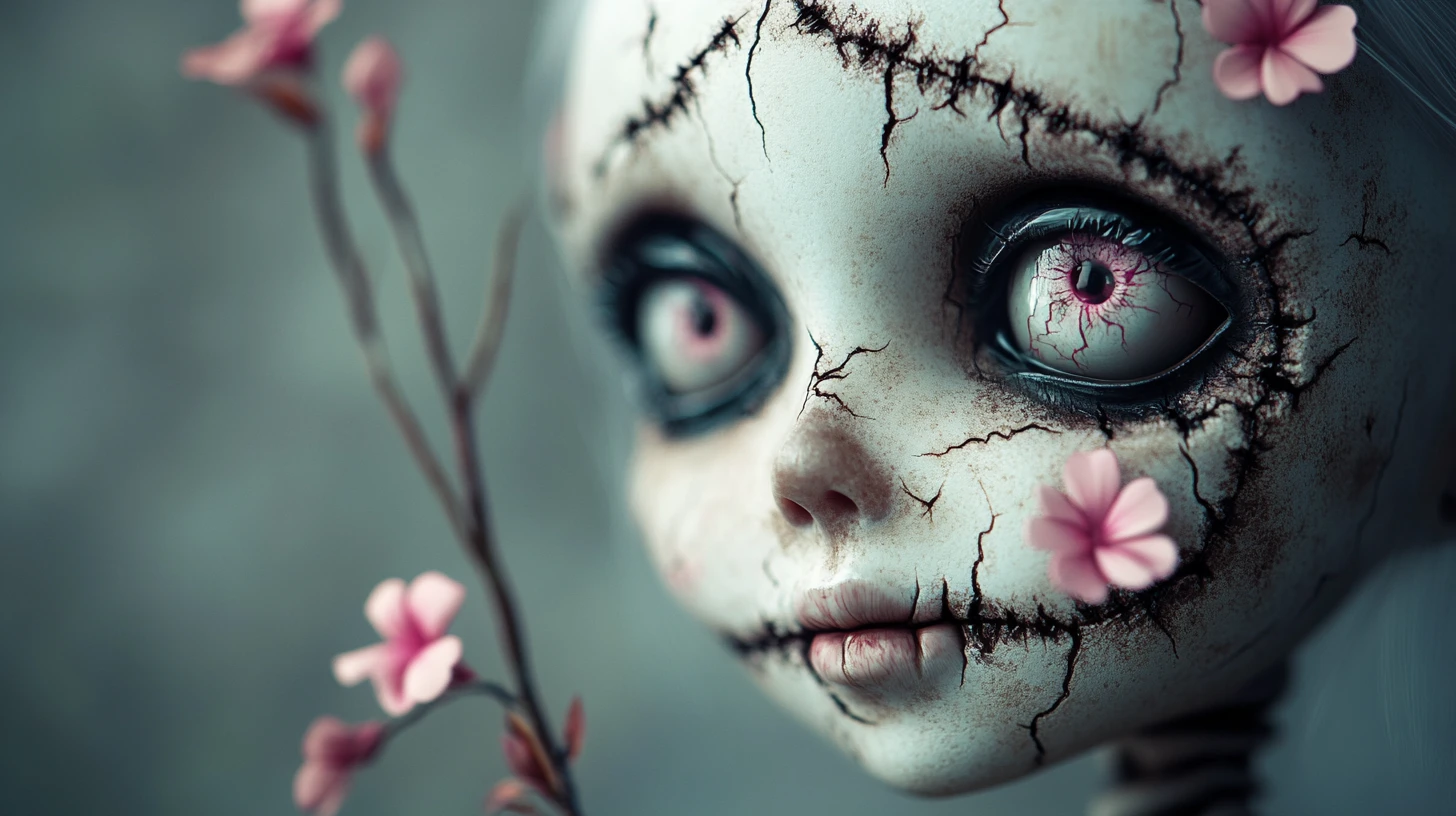 Creepy porcelain doll with skeletal face and glowing eyes