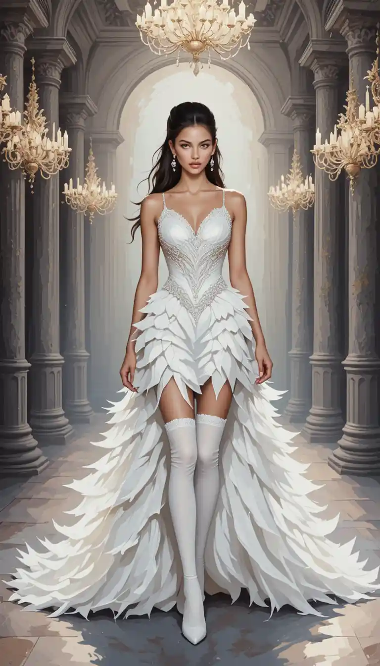 Bridal runway model in feathered white gown under chandeliers