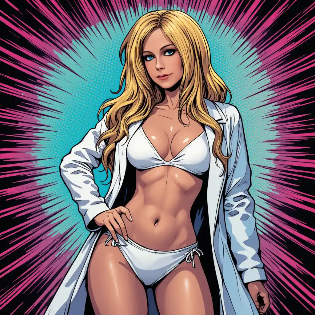 Playful woman in white bikini and lab coat comic art