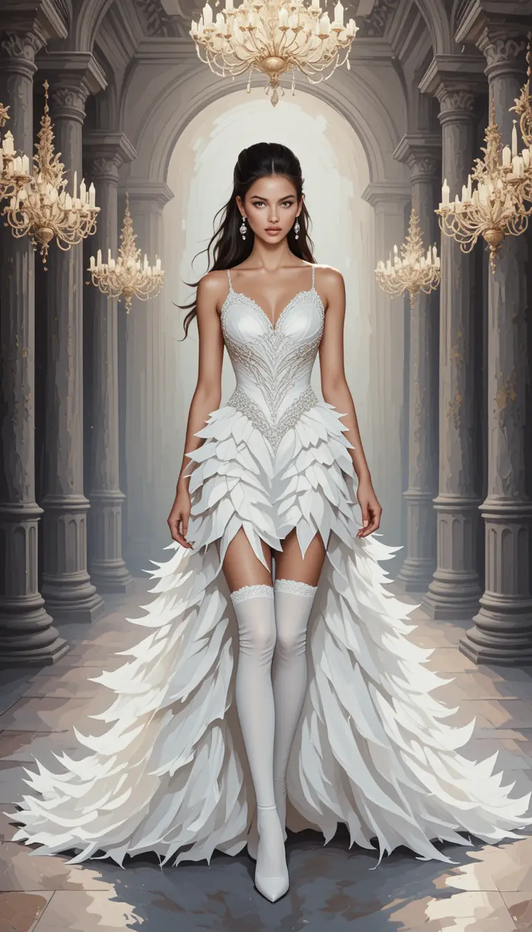 Bridal runway model in feathered white gown under chandeliers