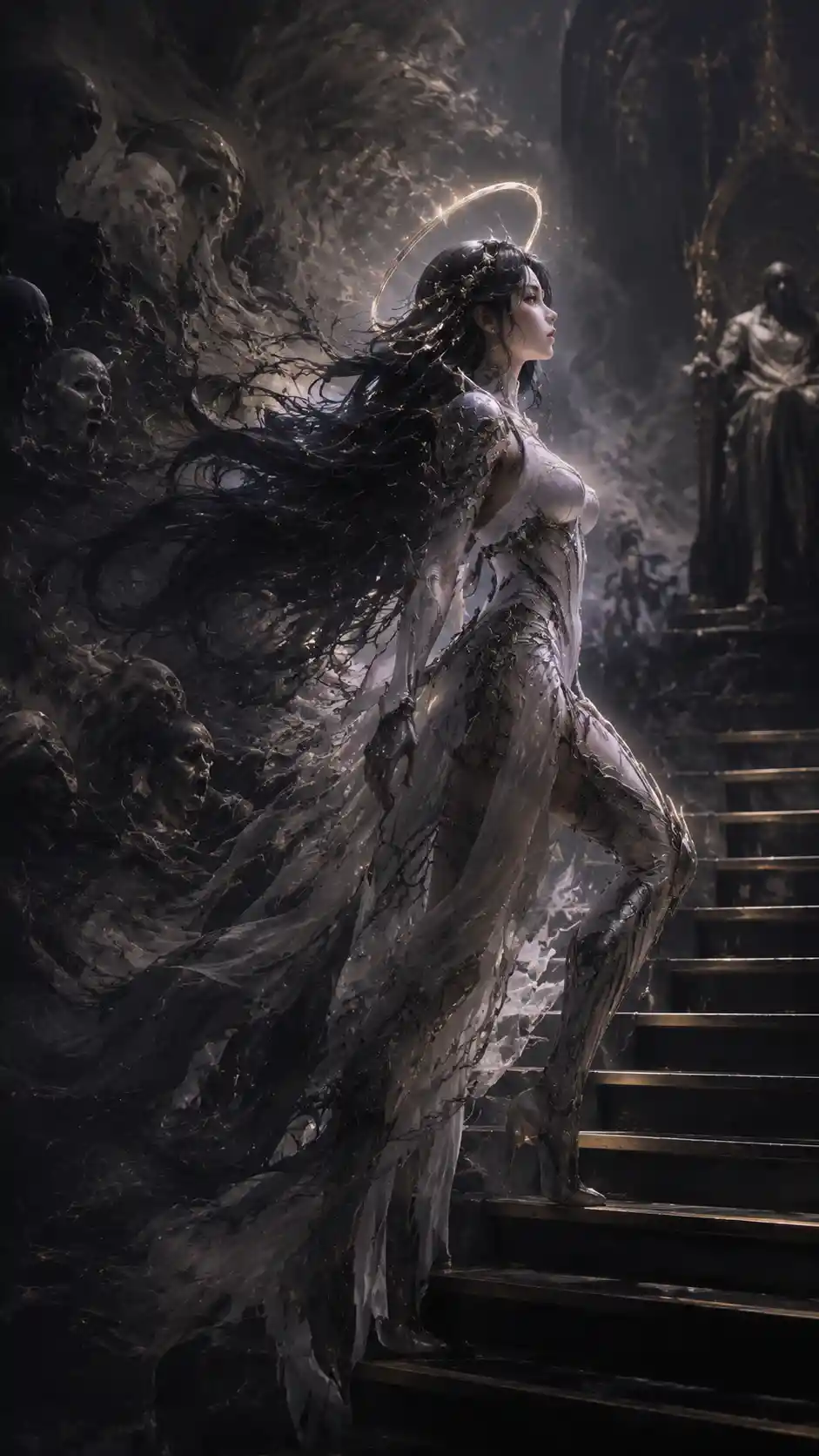 Otherworldly woman ascending toward a shadowy throne