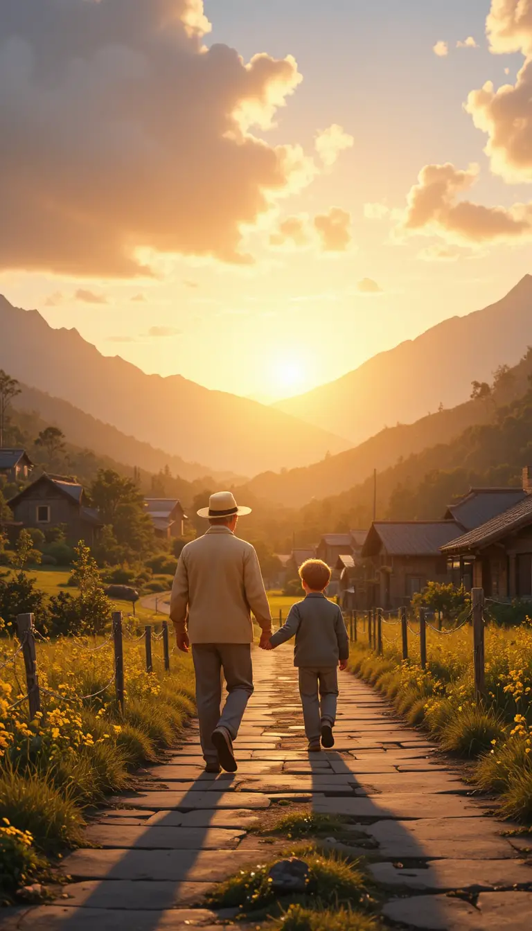 Grandfather and grandson walking a village path at sunrise