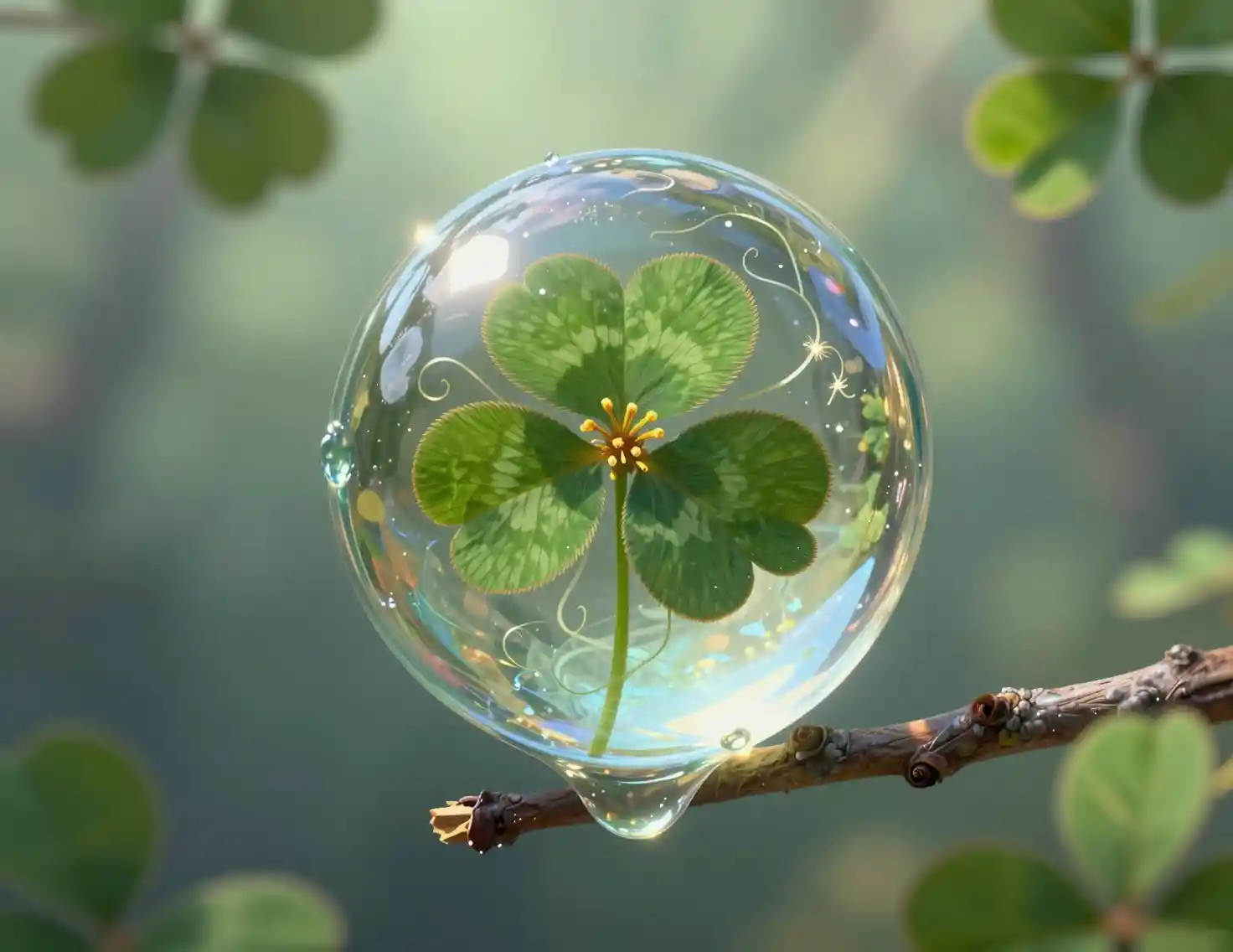 Surreal water droplet holding a clover in forest light