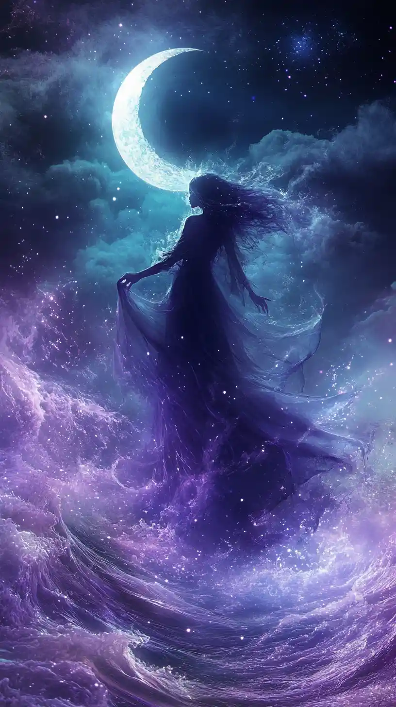 Ghostly witch rising from glowing enchanted ocean waves
