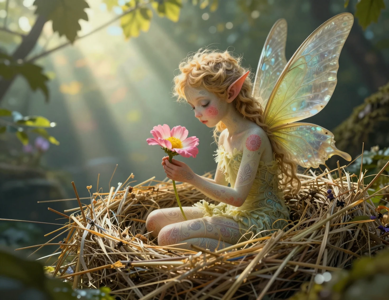 Tiny fairy curled in a straw nest holding a flower