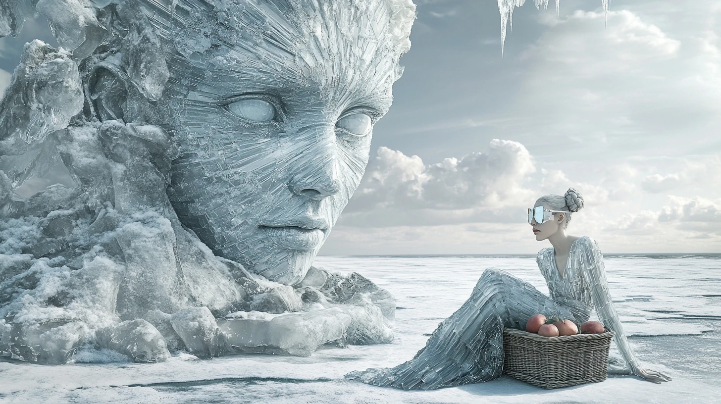 Mujer con vestido cristalino en una orilla congelada y reflectante