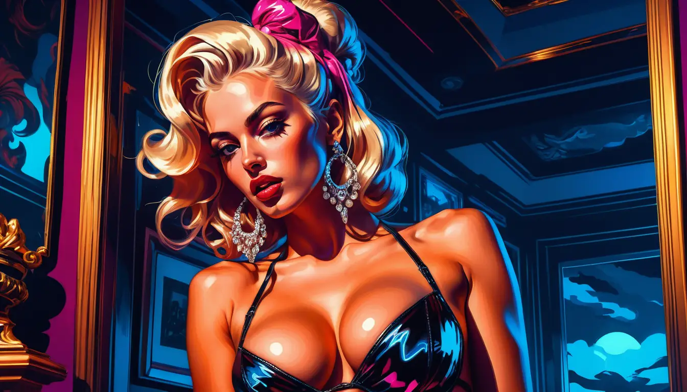 Neon lit fashion woman in baroque courtesan pinup pose