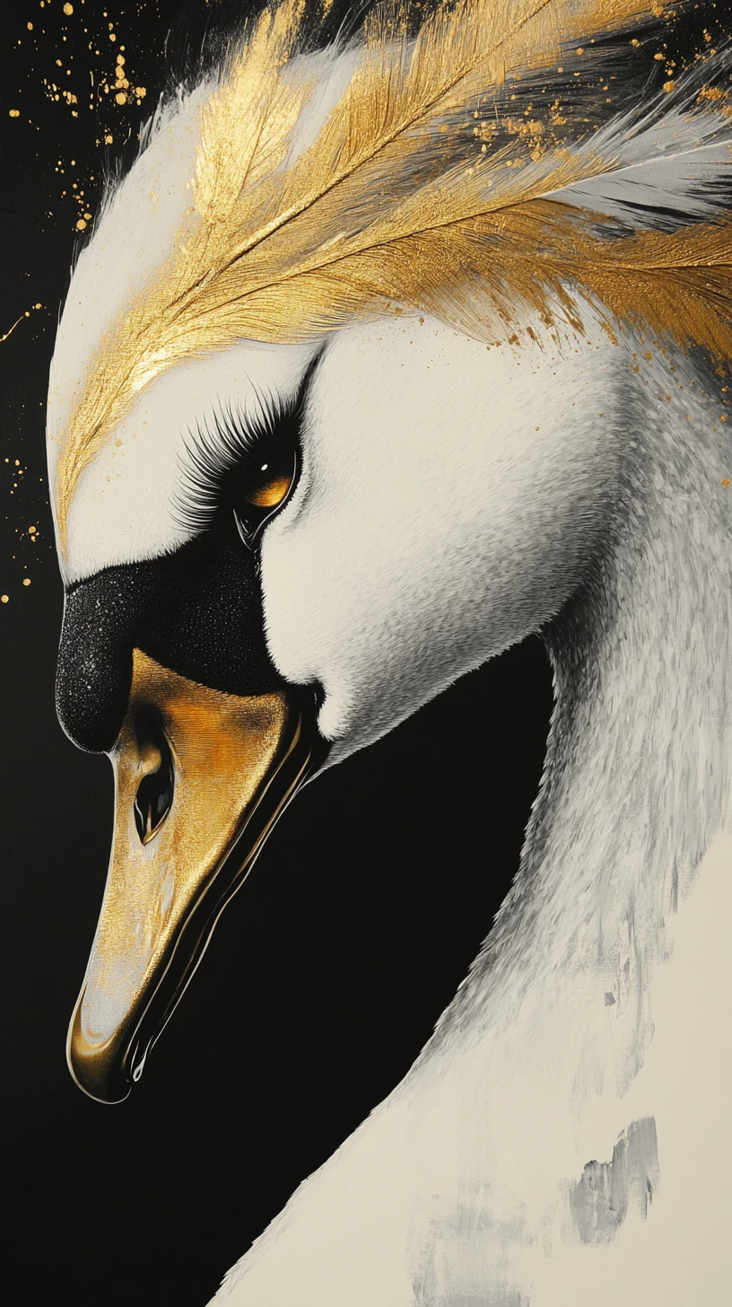 Surreal metallic swan profile with flowing gold feathers
