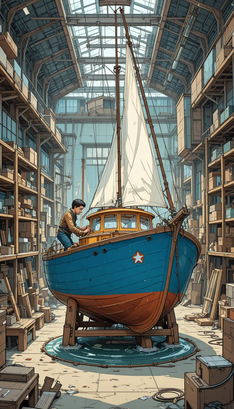 Children illustration of boats in a busy shipyard