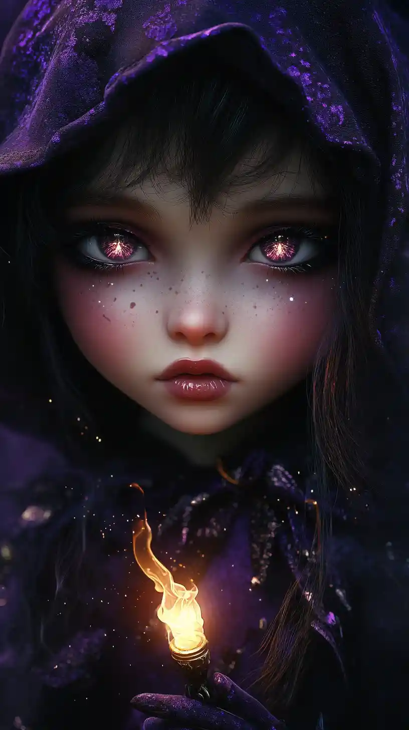 Gothic doll girl with glowing eyes and tiny flame