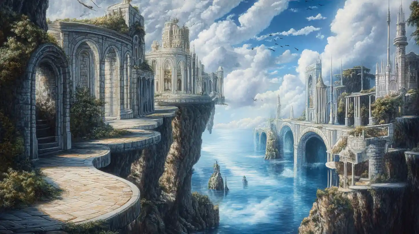 Surreal dreamscape of interconnected optical illusion tableaus
