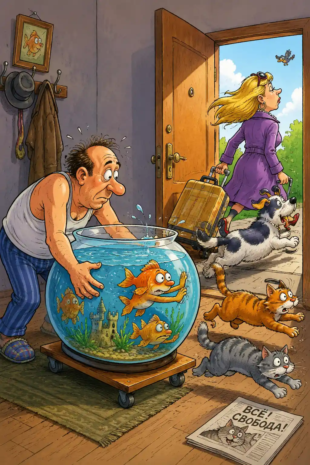 Verspielte Comic-Szene mit Aquariumfischen, die zur Tür drängen