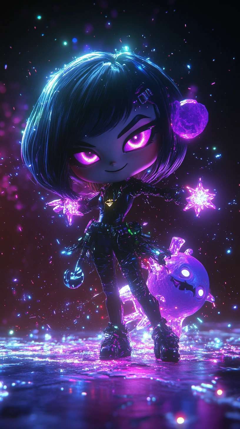 Chica demonio chibi que invoca estrellas de neón brillantes en el espacio