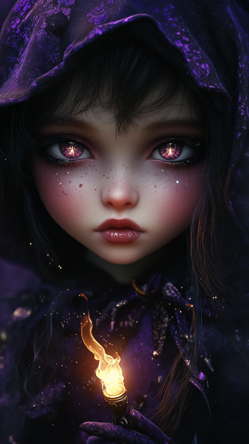 Gothic doll girl with glowing eyes and tiny flame