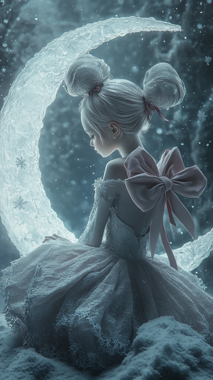 Girl with velvet bows sitting on an icy crescent moon