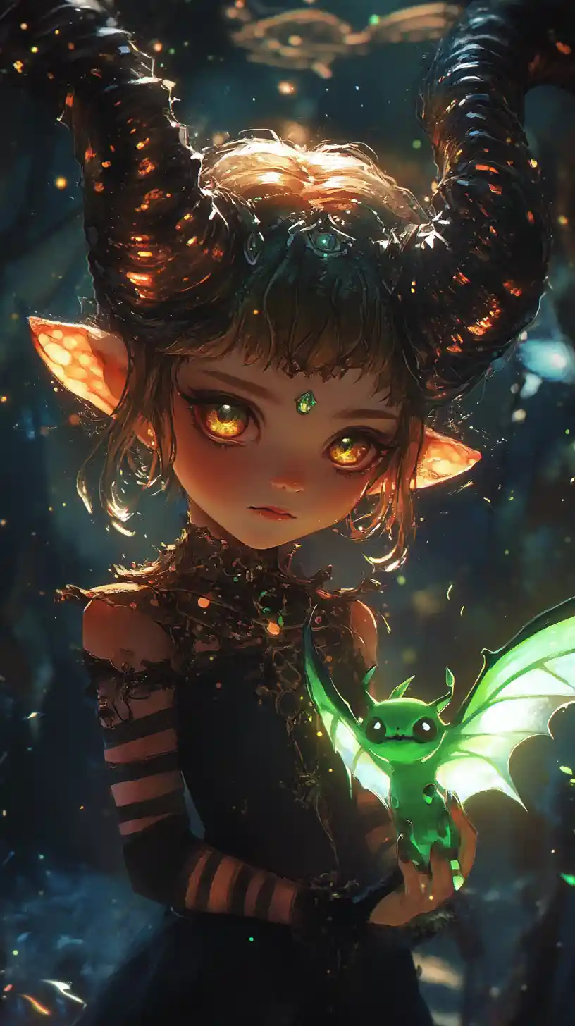 Tiny demon girl with glowing bat in dark mystical realm