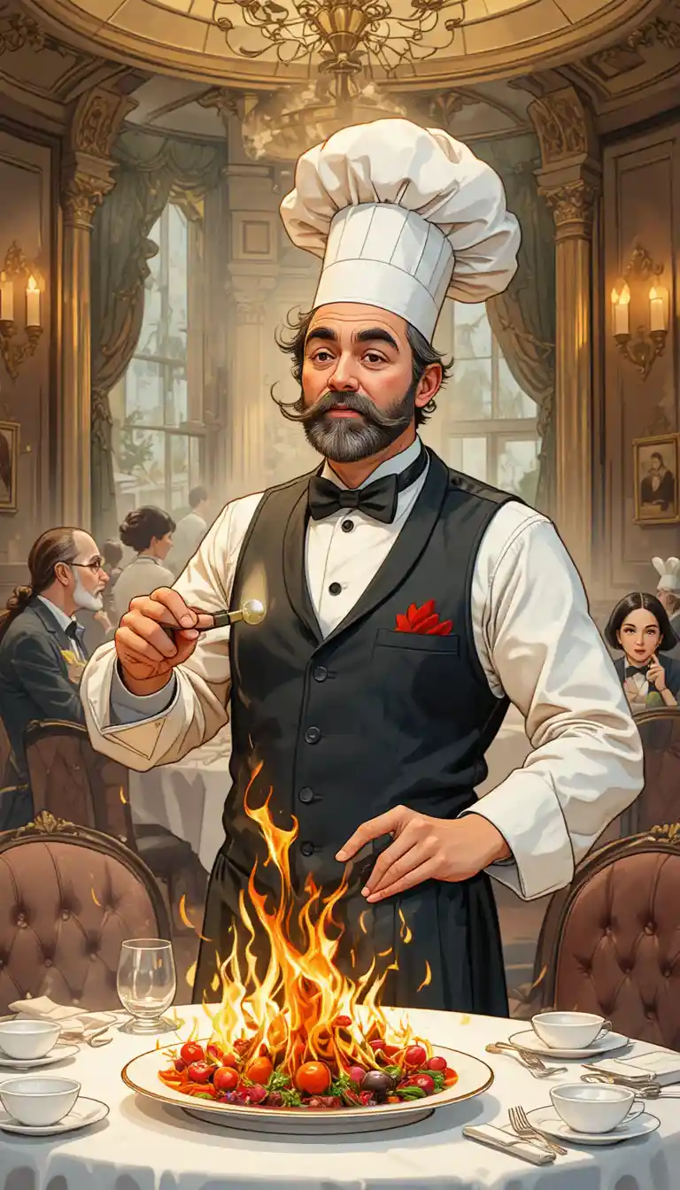 Elegant Parisian restaurant interior in childlike illustration style