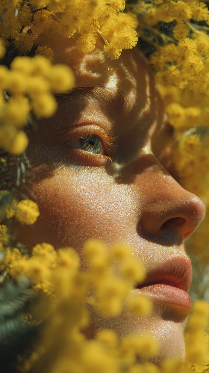 ミモザの花と柔らかな光に包まれた、いきいきとした女性のポートレート