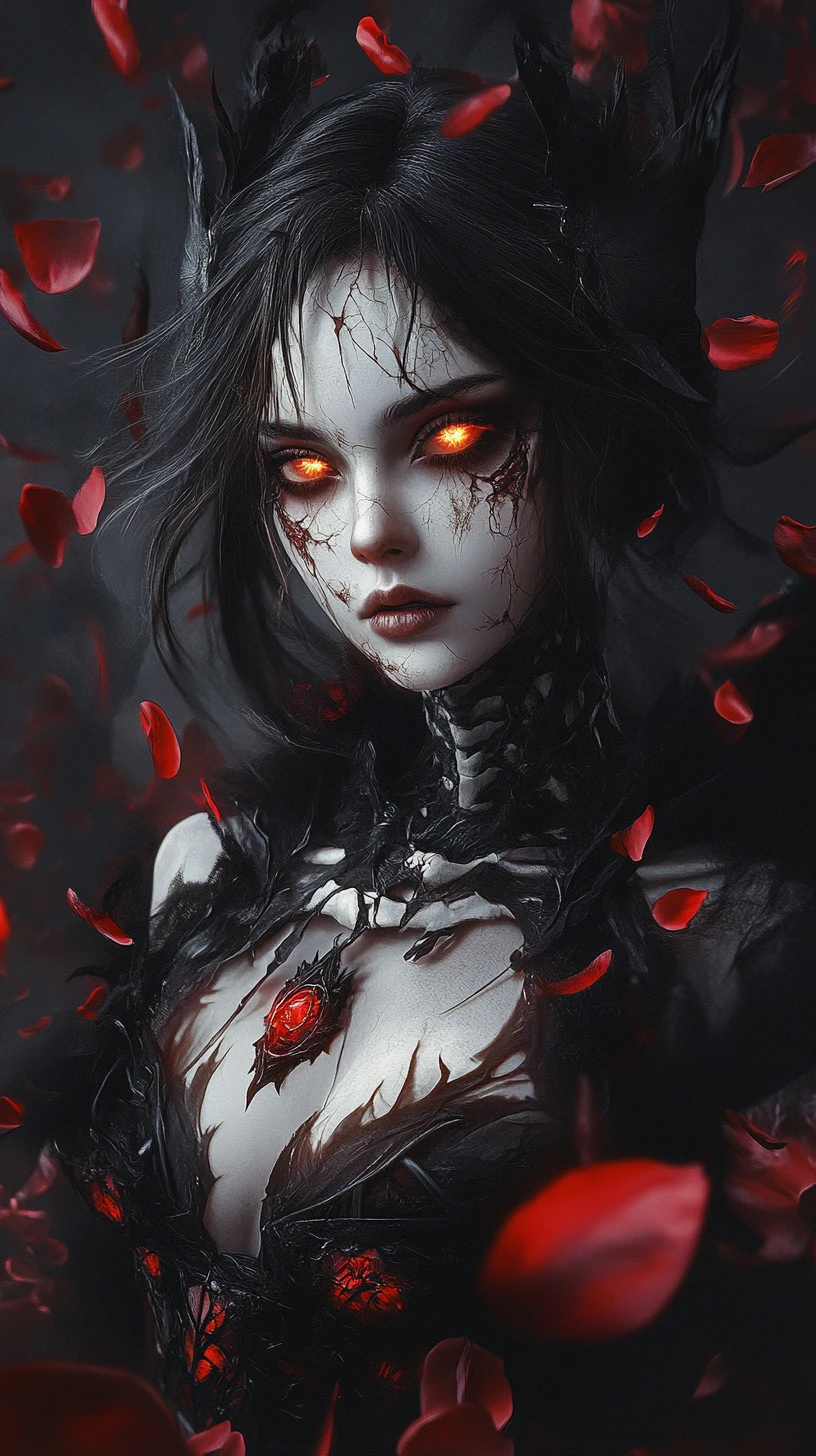 Ragazza revenant gotica con pelle di porcellana incrinata e petali