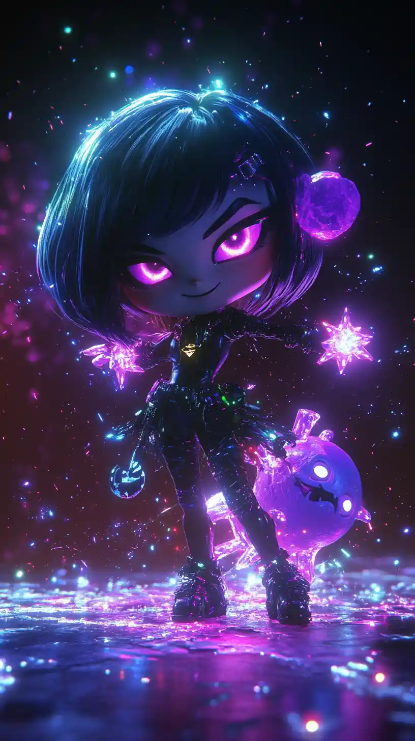 Chibi-Dämonenmädchen beschwört leuchtende Neonsterne im All