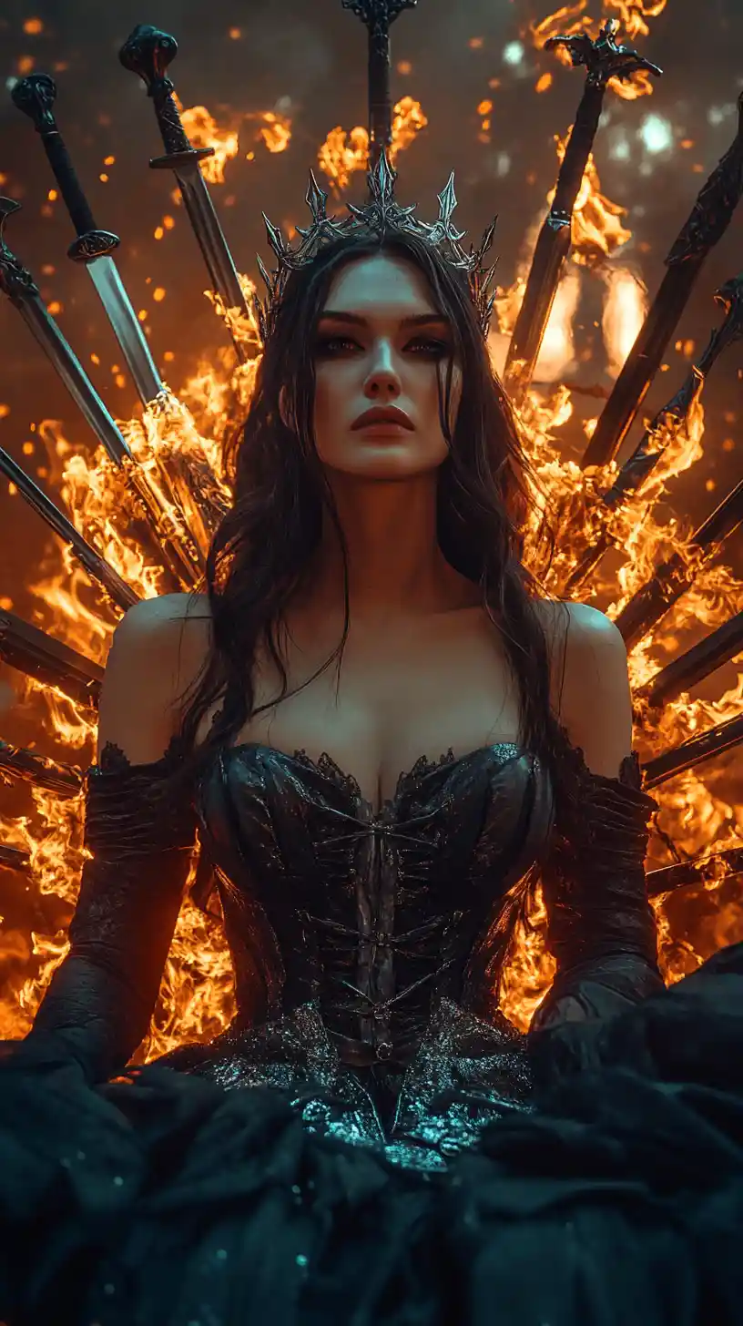 Gothic queen with halo of floating swords in battle