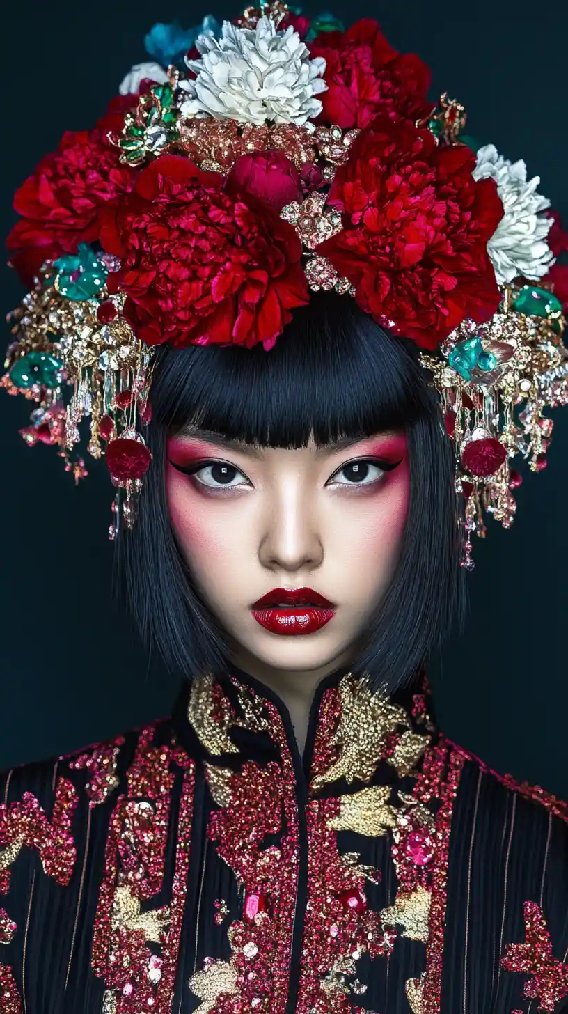 Asian fashion portrait with floral headpiece and bold red makeup