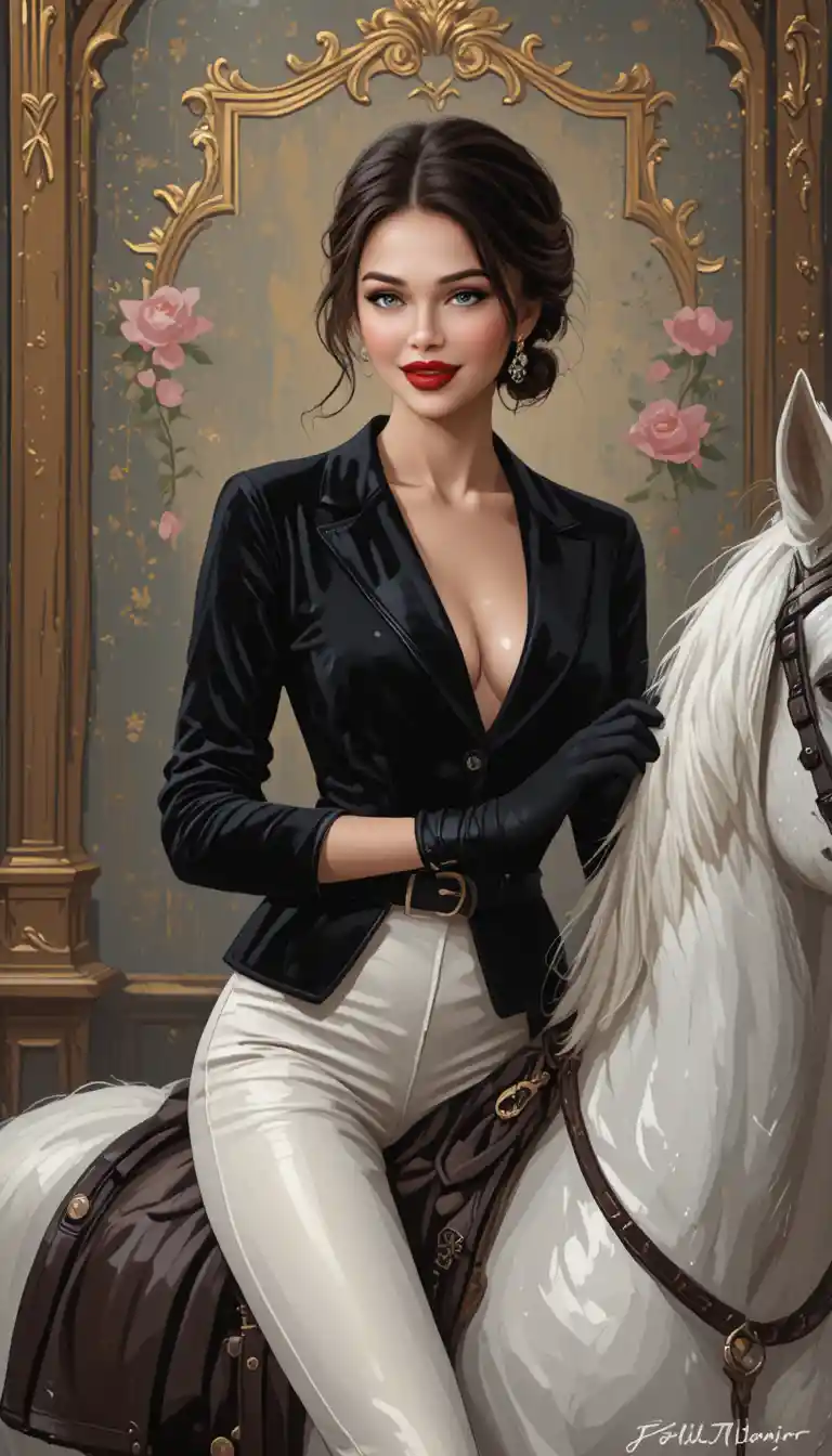 Elegant 1940s woman with white horse and floral background